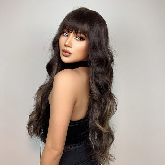 26 Inches Long Curly Brown Wigs with Bangs and Black Roots Synthetic Wigs Women's Wigs for Daily or Cosplay Use LC1029-1