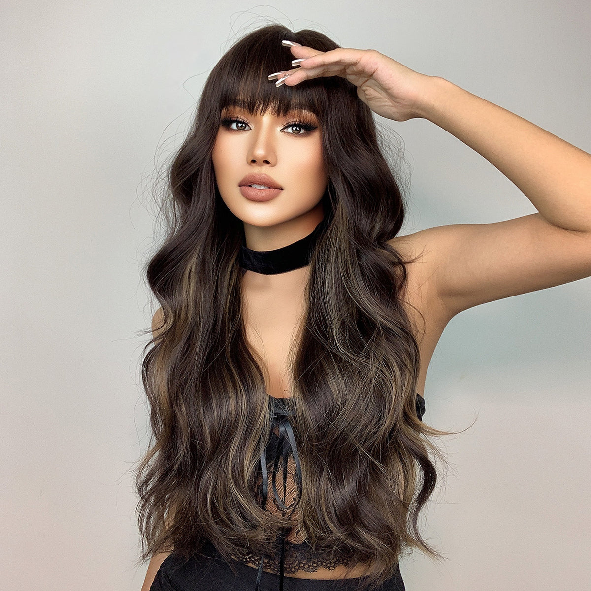 26 Inches Long Curly Brown Wigs with Bangs and Black Roots Synthetic Wigs Women's Wigs for Daily or Cosplay Use LC1029-1