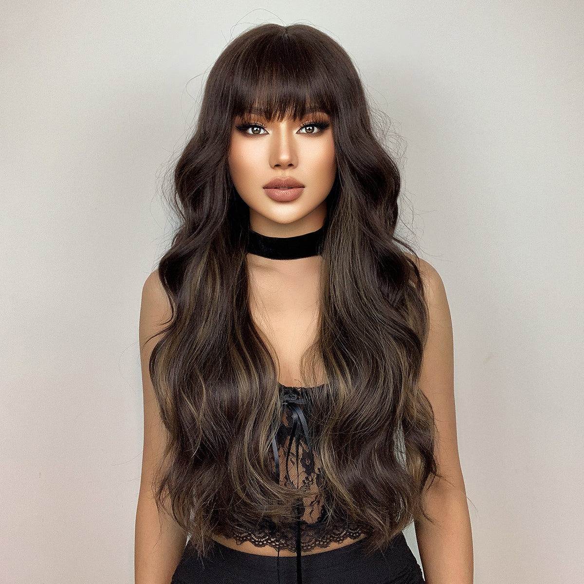 26 Inches Long Curly Brown Wigs with Bangs and Black Roots Synthetic Wigs Women's Wigs for Daily or Cosplay Use LC1029-1