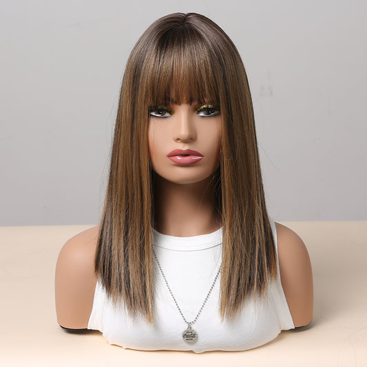 16 inch Long straight black ombre blonde wigs with bangs wigs for women for daily life LC5225-1