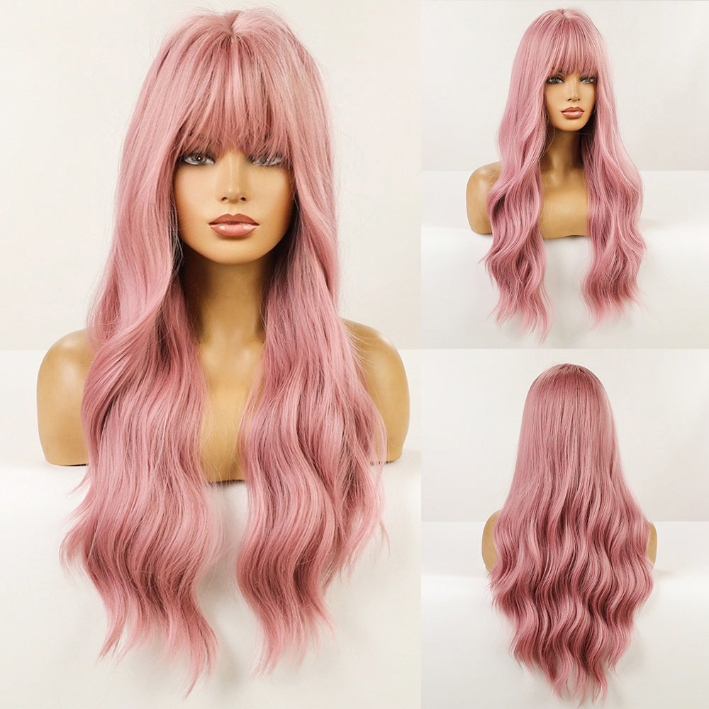 26 Inches Long Curly Pink Wigs with Bangs and Black Roots Synthetic Wigs Women's Wigs for Daily or Cosplay Use LC6124-1