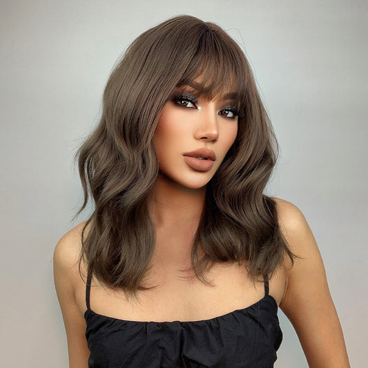 18 Inch Long Wavy Wigs Brown with Bangs Wigs for Women Daily or Cosplay Use lc6034-1