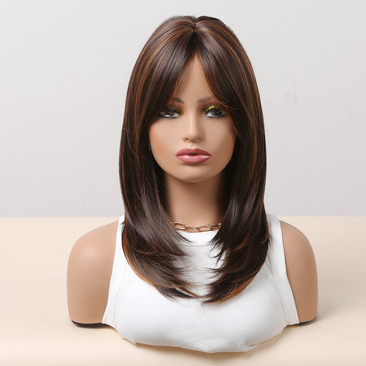 long Brown Wigs for Women, Synthetic Wig with Bangs Layered Hair with Highlight LC483-1