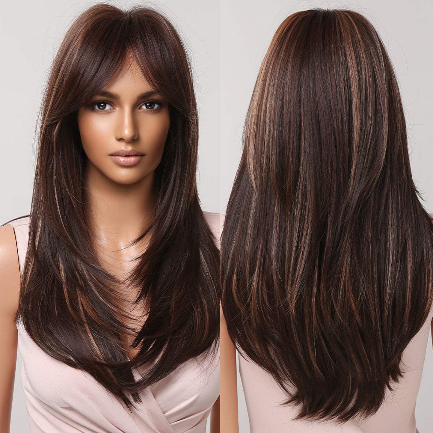 22 Inch-long deep brown straight wigs with bangs wigs for women LC2068-4