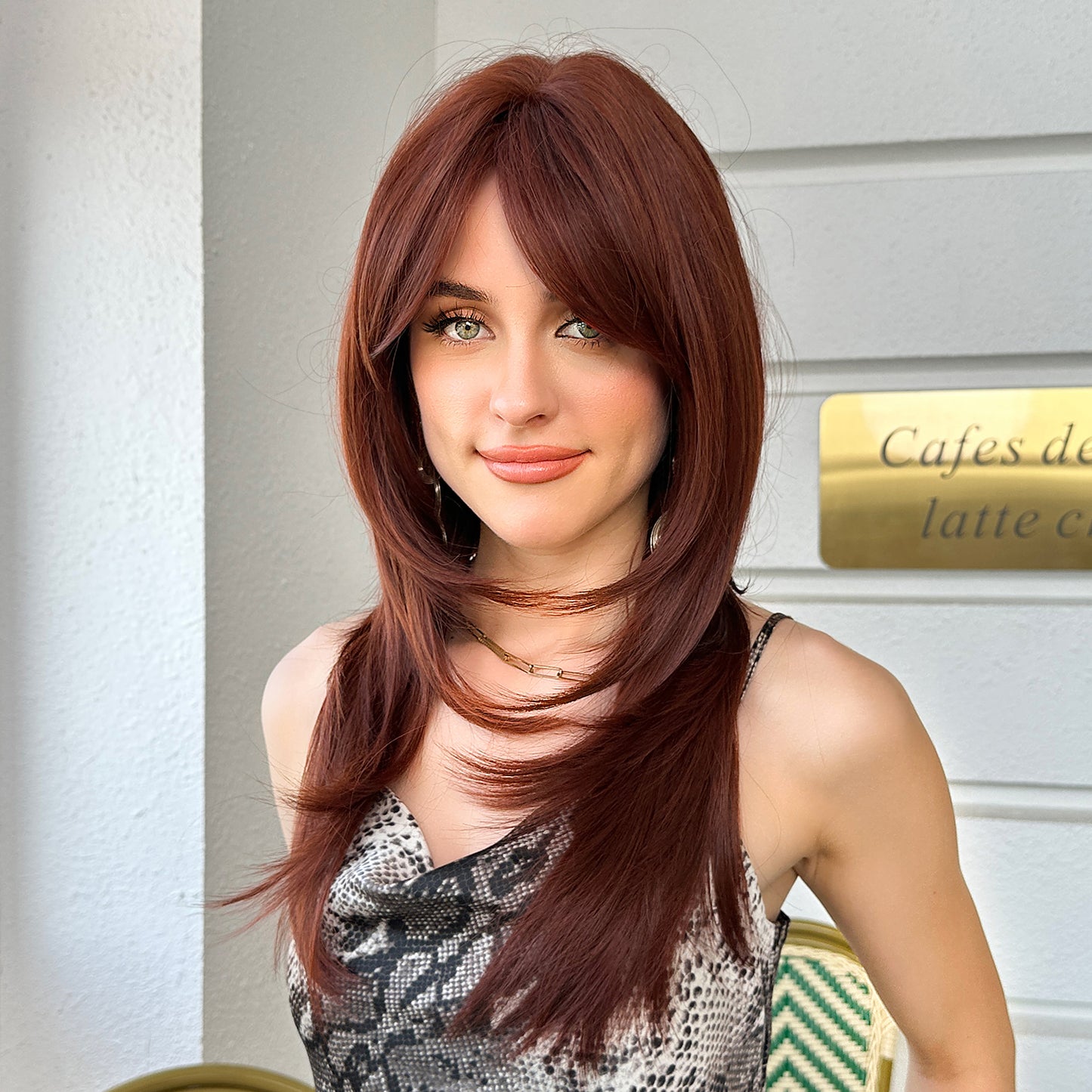 18 Inches Long Straight Reddish Brown Wigs with Bangs Layered Wigs Synthetic Wigs for Women for Daily or Cosplay Use LC468-2