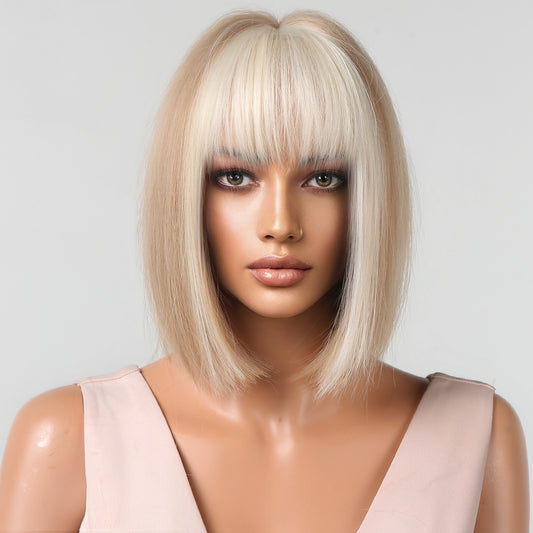 12 Inches Short Straight Blonde Bobo Wigs with Ivory Bangs Synthetic Wigs for Women Daily Use LC2080-10