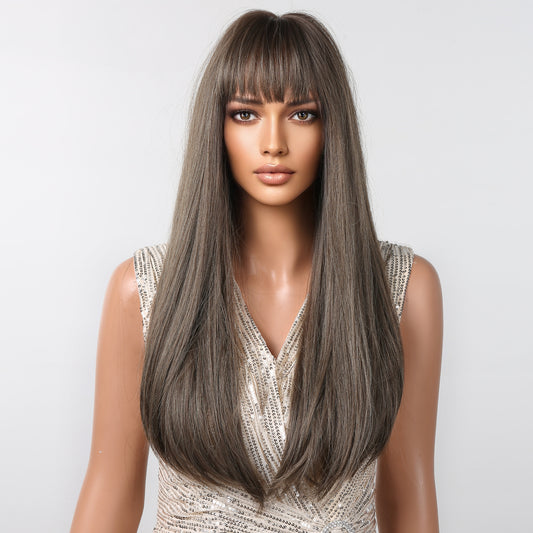 28-inch Long Straight Black ombre grey Wigs for Women Straight Wigs with bangs wigs LC2096-1