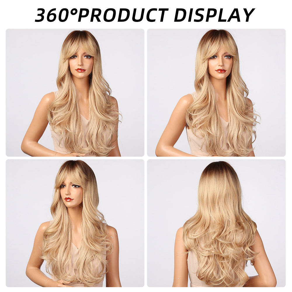 26 Inches Long Curly Blonde Wigs with Bangs and Brown Roots Synthetic Wigs Women's Wigs for Daily or Cosplay Use LC5203-1