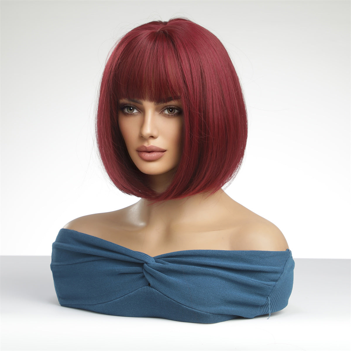 12 Inches Short Straight Wine Red Bobo Wigs Synthetic Fiber Wigs Women's Wigs Daily Use for Party or Cosplay Photos LC2071-1