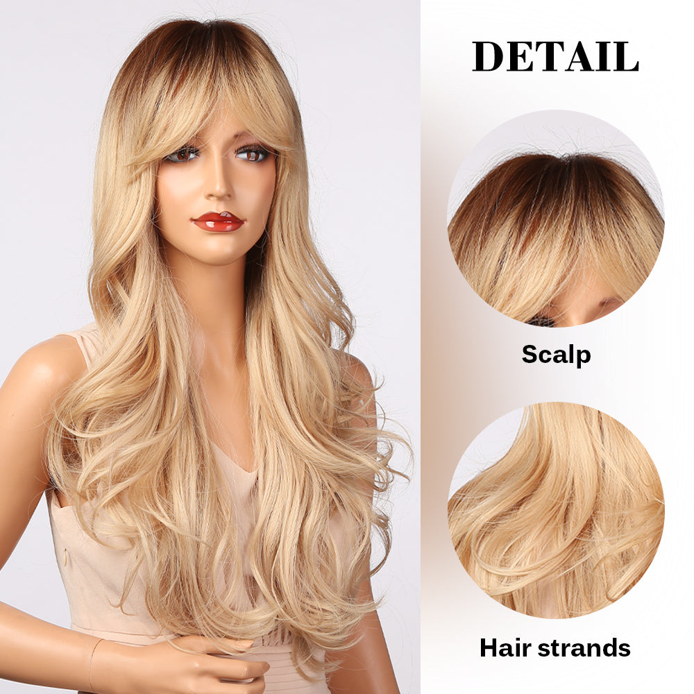 26 Inches Long Curly Blonde Wigs with Bangs and Brown Roots Synthetic Wigs Women's Wigs for Daily or Cosplay Use LC5203-1