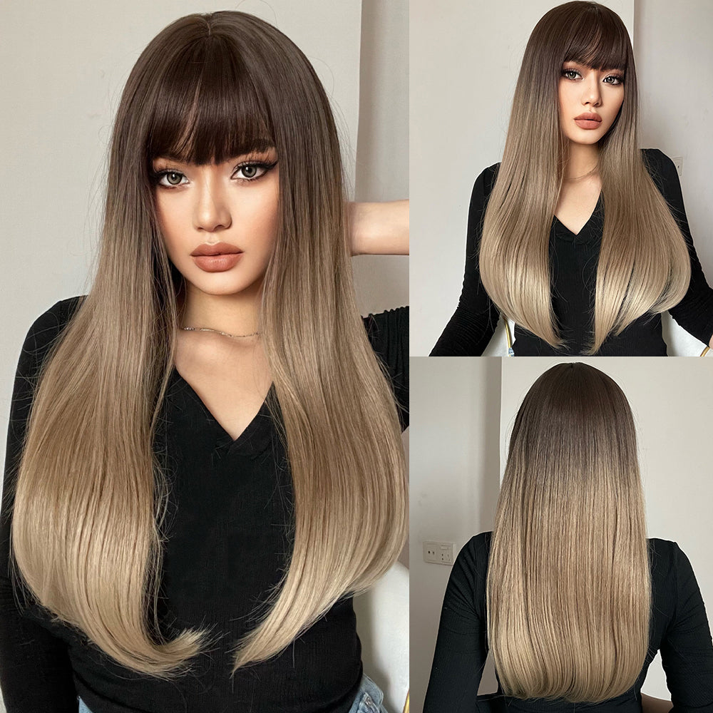 26 inch Long curly wigs brown black ombre blonde wigs with bangs for women for daily or cosplay use LC169-1