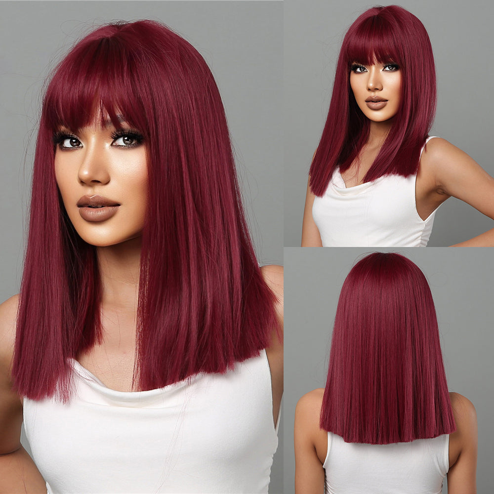 18 Inch Long Straight Wine Red Wigs with Bangs Wigs for Women LC2072-1