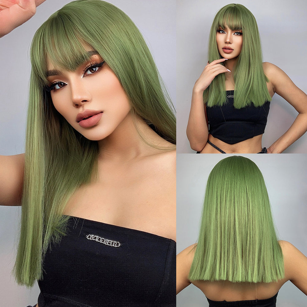 Long straight green wigs with bangs wigs for women for daily party LC6043-1