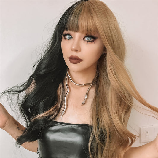 26 Inches Long Curly Black and Blonde Wigs with Bangs Synthetic Wigs Women's Wigs for Daily or Cosplay Use lc459-1