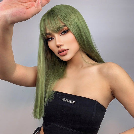 Long straight green wigs with bangs wigs for women for daily party LC6043-1