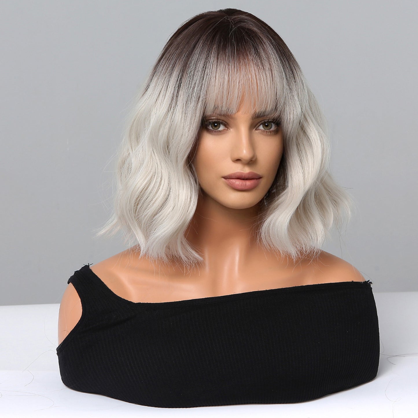 14 Inch Short Curly Black Ombre Silver Wig Synthetic Wig Women's Wig | WL1077-2