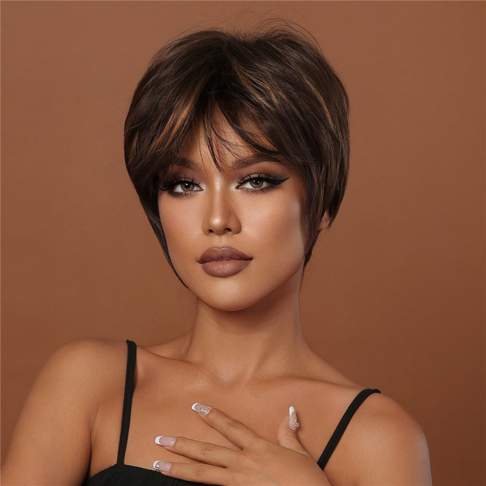 8 Inches Short Brown Black Wigs with Blonde Highlight Pixie Cut Wigs for Women Daily or Cosplay Use LC2020-4