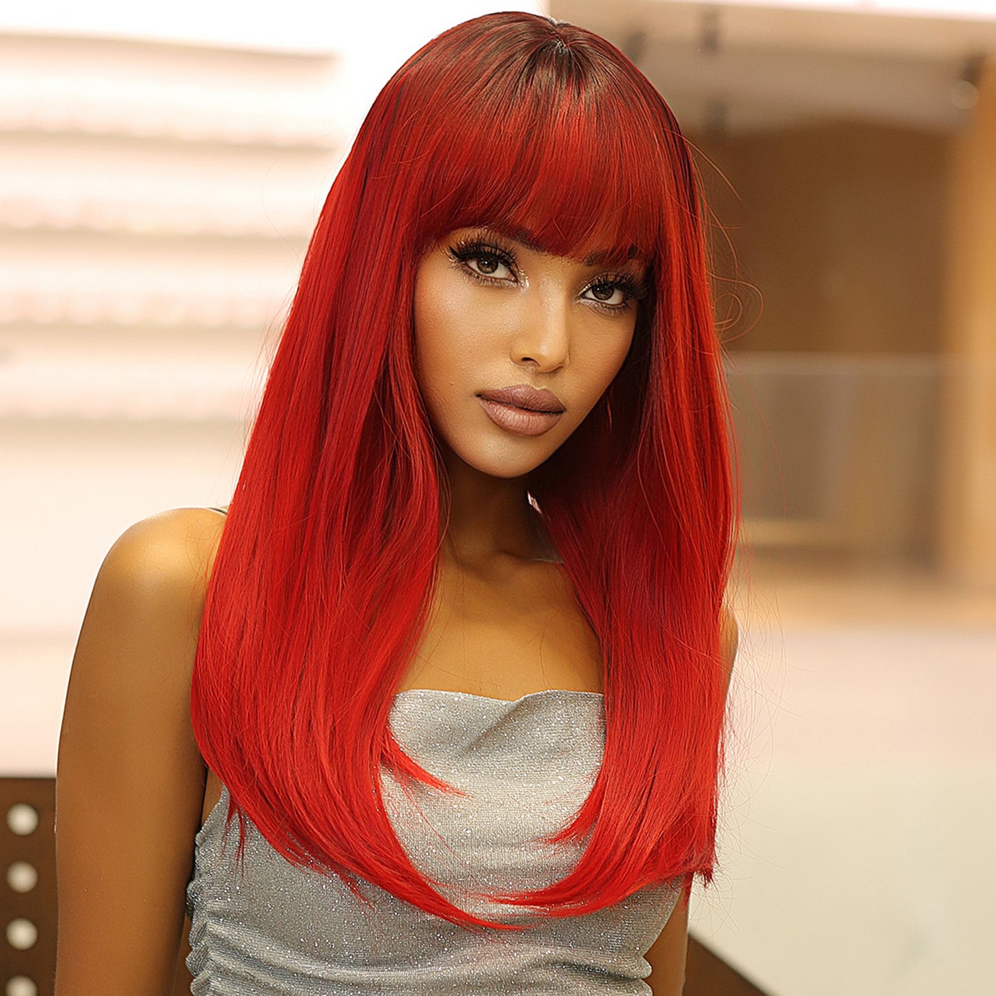 22 Inch red Long straight wigs with bangs wigs for Women for Daily WL1084-2