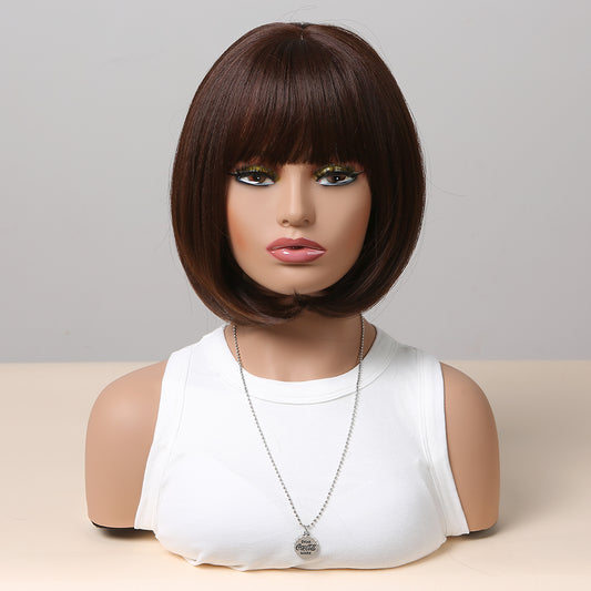 12 inch hort straight brown Bob wig with bangs Women's wig for daily  or cosplay use SS155-1