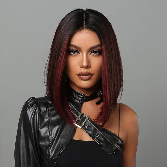 short straight bobo wigs black ombre red with bangs wigs for women for daily life LC2054-1