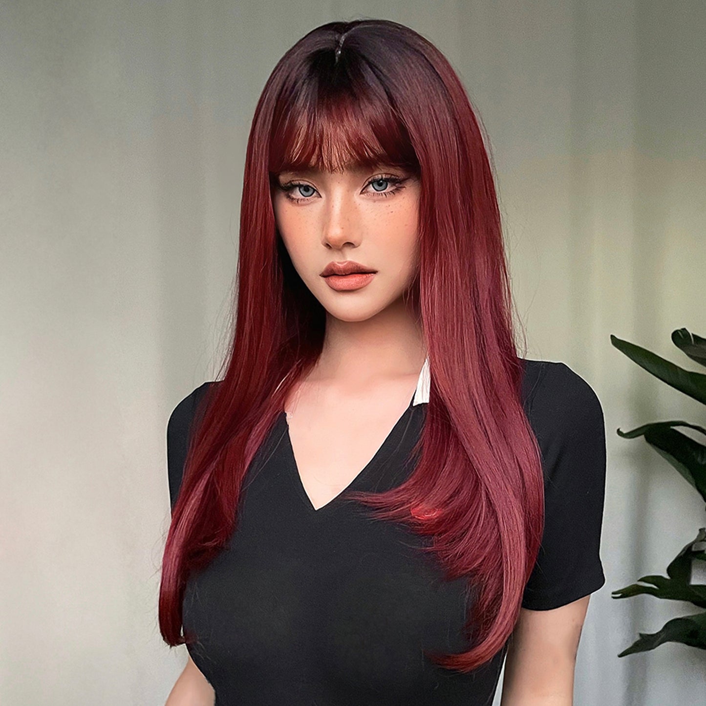 18 Inch long straight wigs red with bangs wigs for women WL1084-1