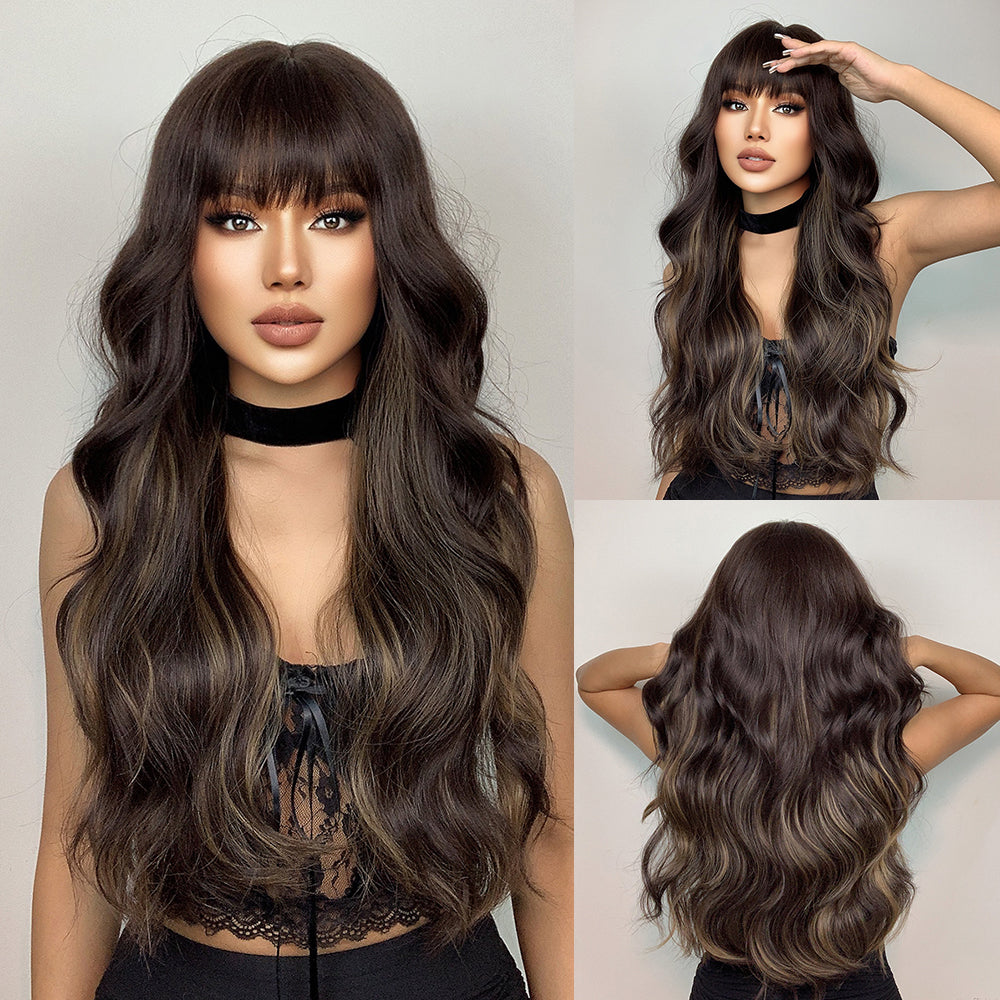 26 Inches Long Curly Brown Wigs with Bangs and Black Roots Synthetic Wigs Women's Wigs for Daily or Cosplay Use LC1029-1