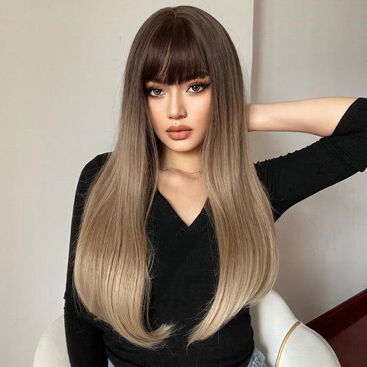 26 inch Long curly wigs brown black ombre blonde wigs with bangs for women for daily or cosplay use LC169-1