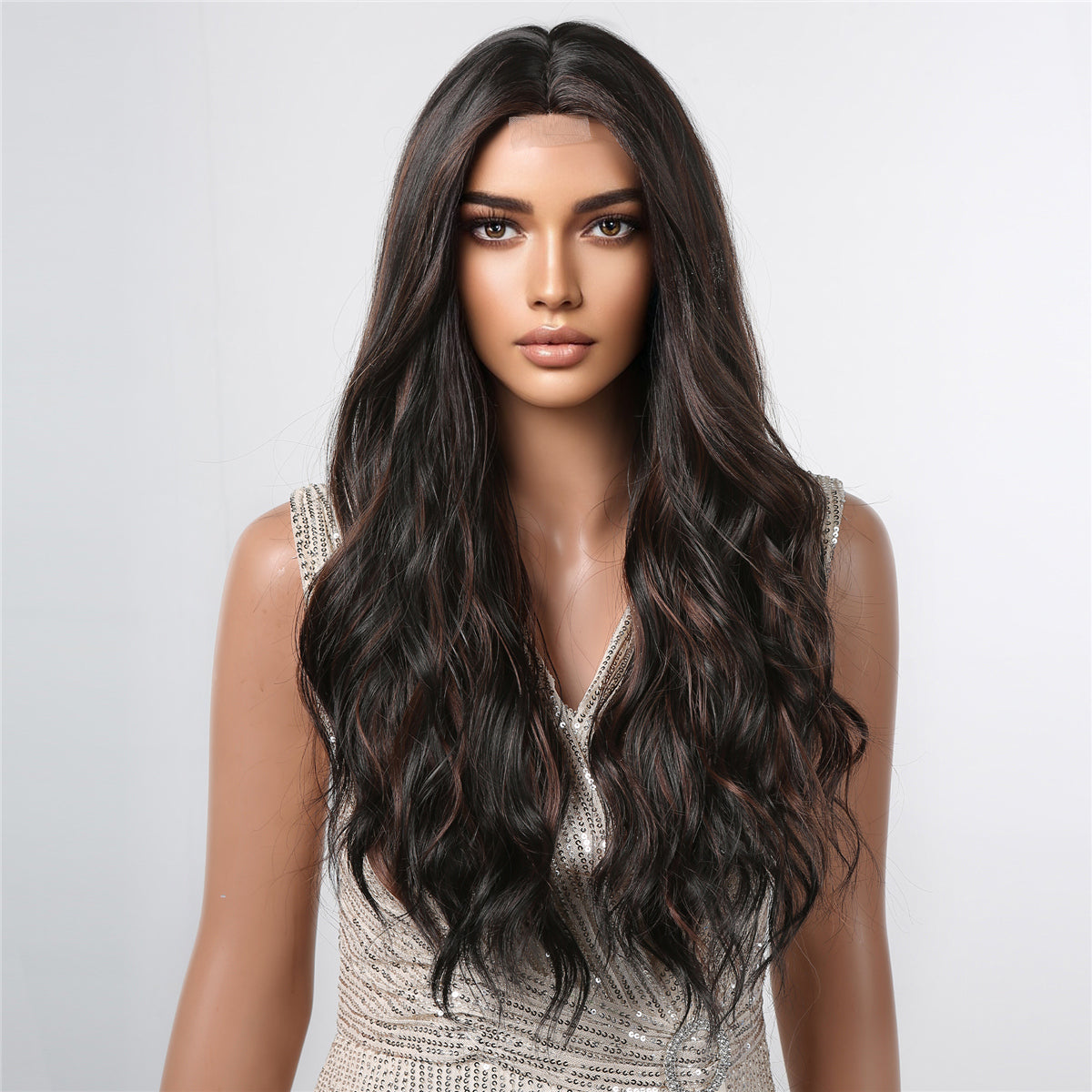 [Lace Front] 30 Inch long curly wigs with lace front wigs brown highlight black wigs for women FTL3007-1