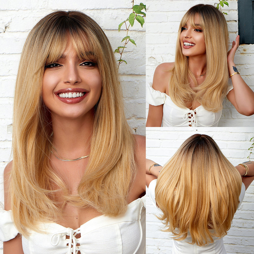 18 Inch long straight wigs blonde with bangs wigs for women daily or cosplay use LC252-3