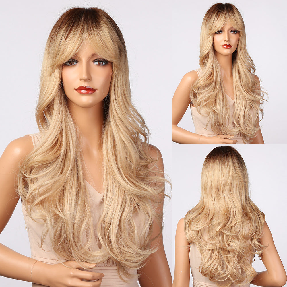 26 Inches Long Curly Blonde Wigs with Bangs and Brown Roots Synthetic Wigs Women's Wigs for Daily or Cosplay Use LC5203-1