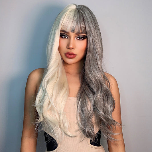 26 Inches Long Curly Gray and White Wigs with Bangs Synthetic Wigs Women's Wigs for Daily or Cosplay Use lc6081-1