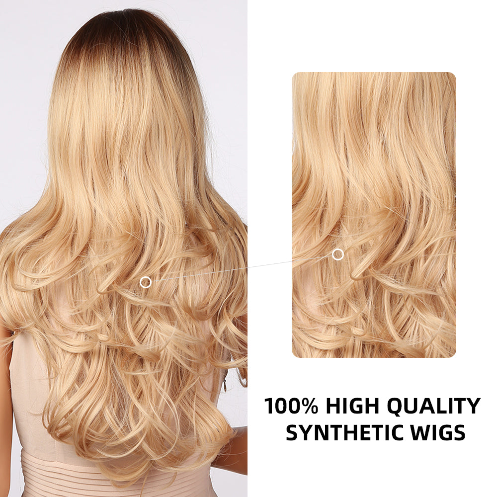 26 Inches Long Curly Blonde Wigs with Bangs and Brown Roots Synthetic Wigs Women's Wigs for Daily or Cosplay Use LC5203-1