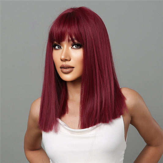 18 Inch Long Straight Wine Red Wigs with Bangs Wigs for Women LC2072-1