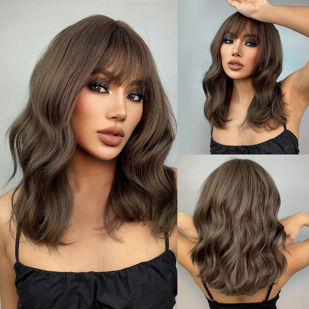 18 Inch Long Wavy Wigs Brown with Bangs Wigs for Women Daily or Cosplay Use lc6034-1