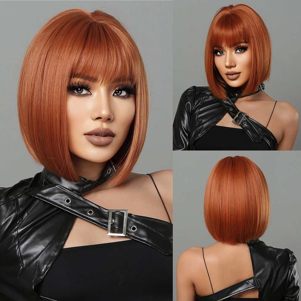 short straight bobo wigs orange with bangs wigs for women for daily life LC2071-3