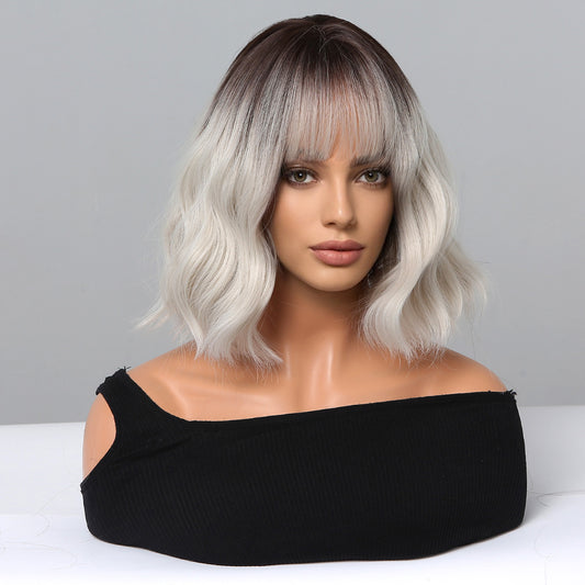 14 Inch Short Curly Black Ombre Silver Wig Synthetic Wig Women's Wig | WL1077-2