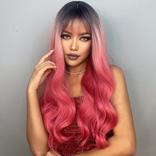 26 Inches Long Curly Deep Pink Wigs with Bangs and Black Roots Synthetic Wigs Women's Wigs for Daily or Cosplay Use LC6026-1