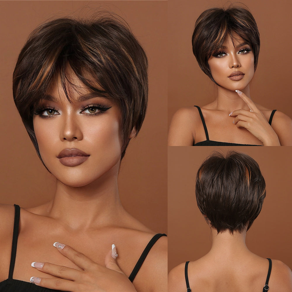 8 Inches Short Brown Black Wigs with Blonde Highlight Pixie Cut Wigs for Women Daily or Cosplay Use LC2020-4