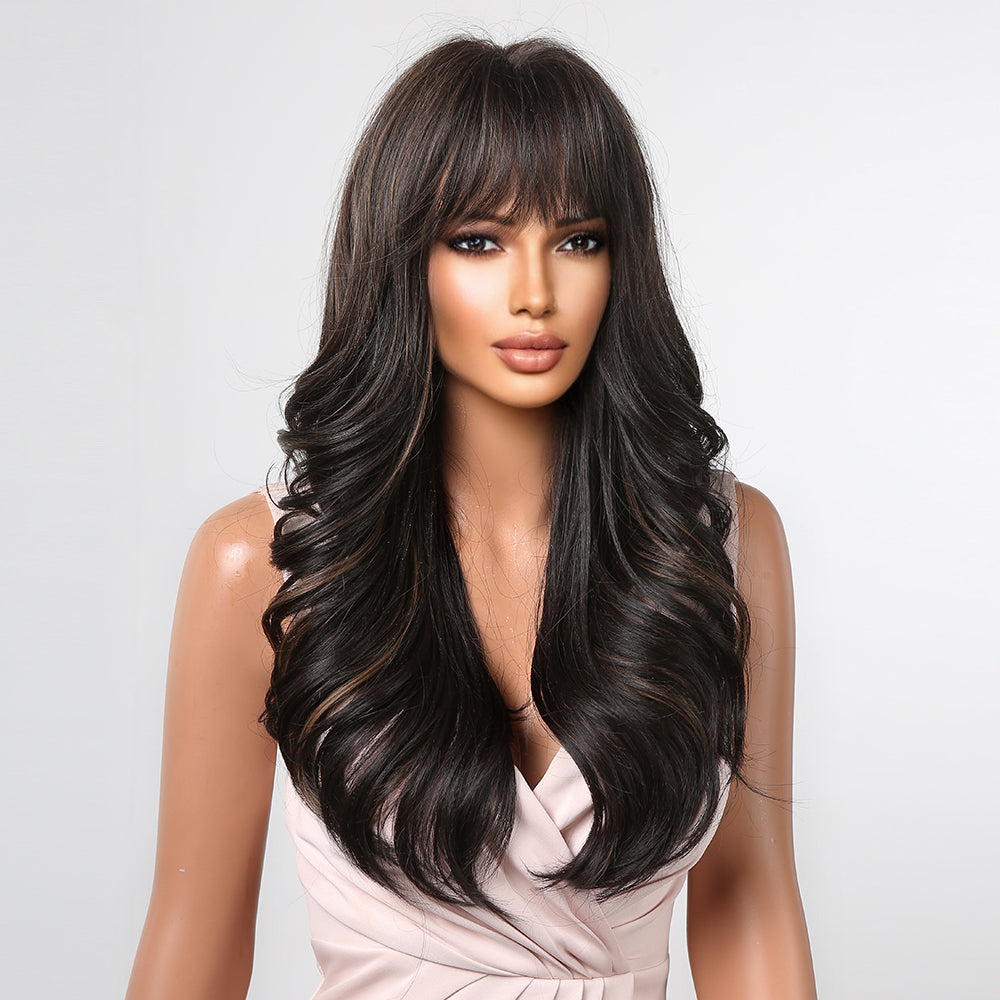 26 Inches Long Curly BlackWigs with Bangs Synthetic Wigs Women's Wigs for Daily or Cosplay Use LC2090-1