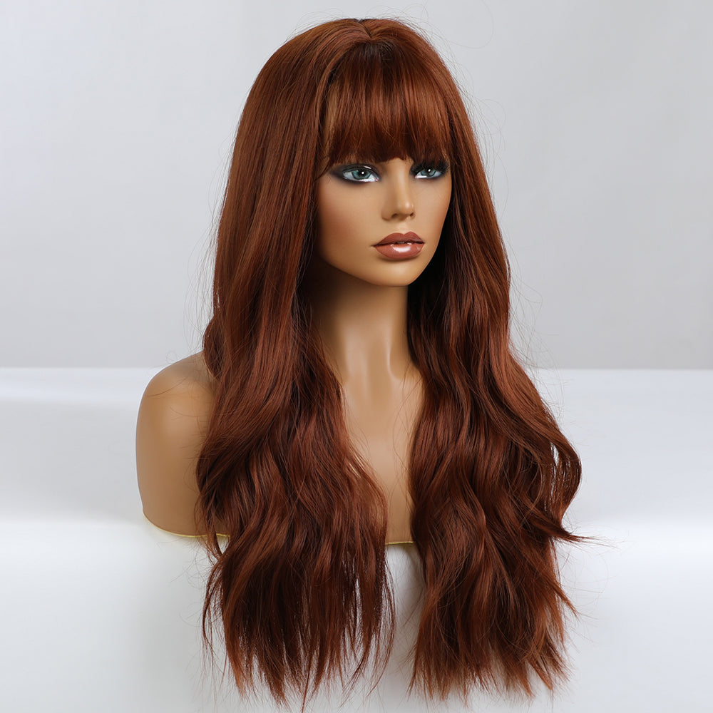 26 inch Long curly red brown wigs with bangs wigs for women for daily life LC6154-1