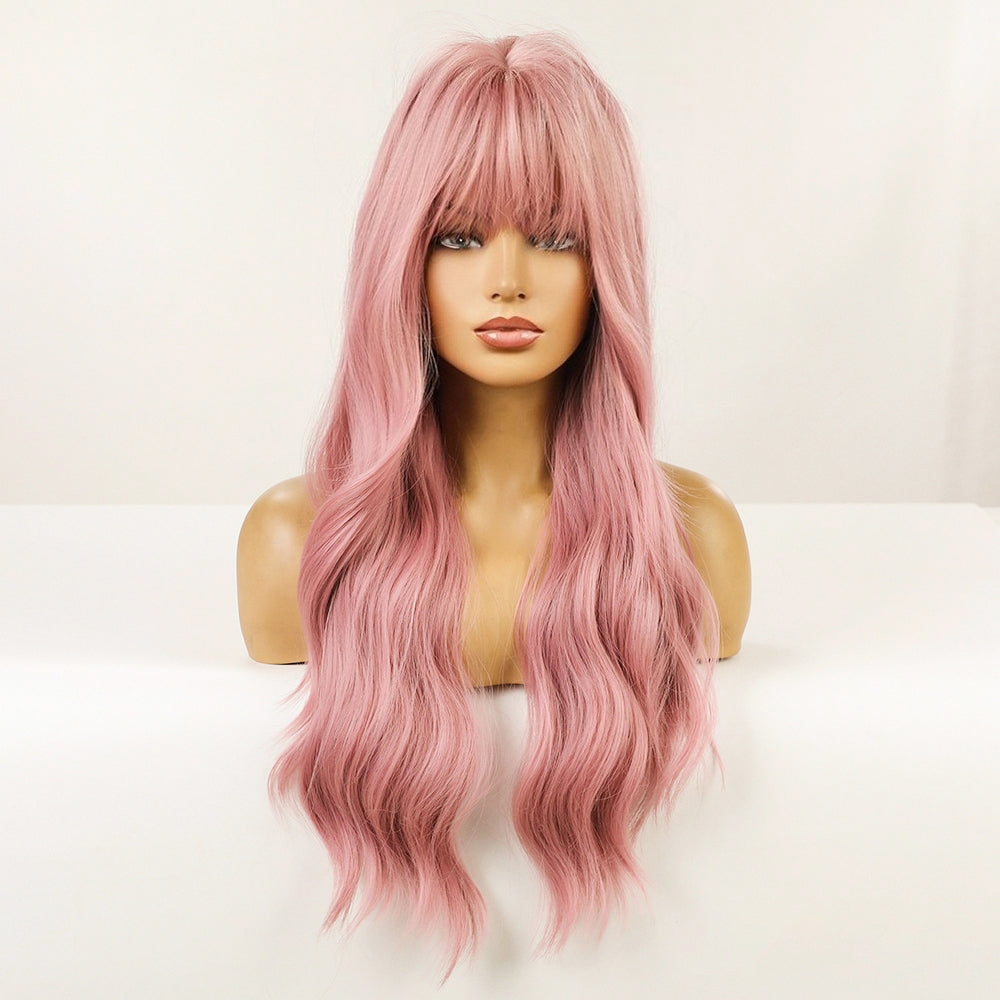 26 Inches Long Curly Pink Wigs with Bangs and Black Roots Synthetic Wigs Women's Wigs for Daily or Cosplay Use LC6124-1