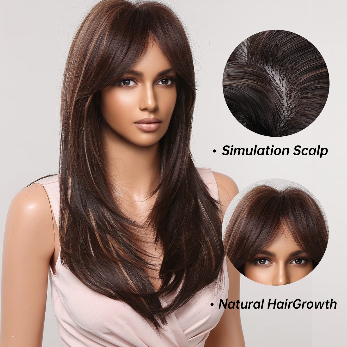 22 Inch-long deep brown straight wigs with bangs wigs for women LC2068-4