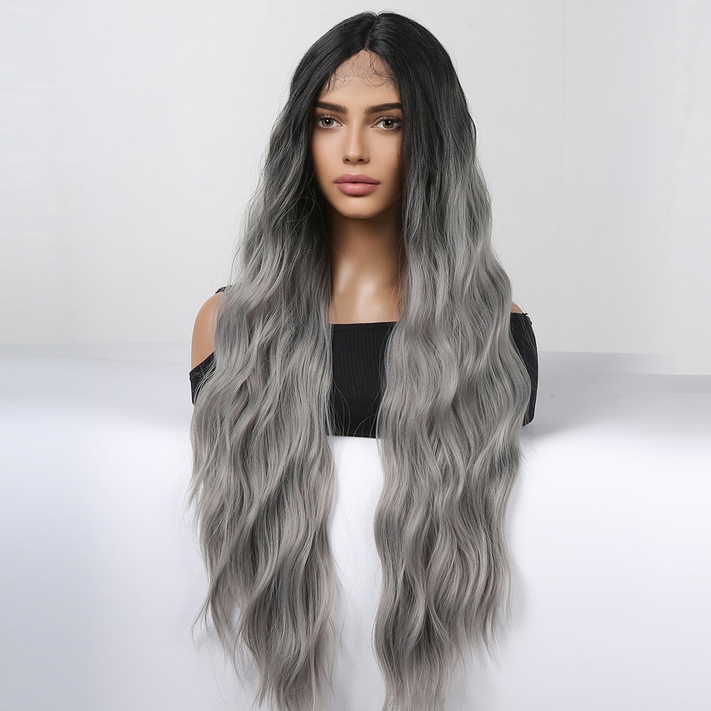 [Lace Front] 32 Inch Ombre Brown To Ash Grey Long Wavy   Wigs For Women HC11059-4