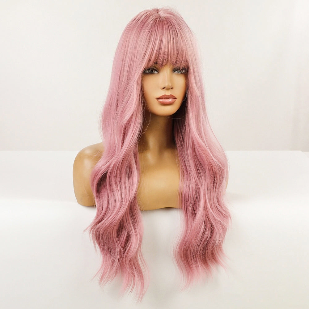 26 Inches Long Curly Pink Wigs with Bangs and Black Roots Synthetic Wigs Women's Wigs for Daily or Cosplay Use LC6124-1