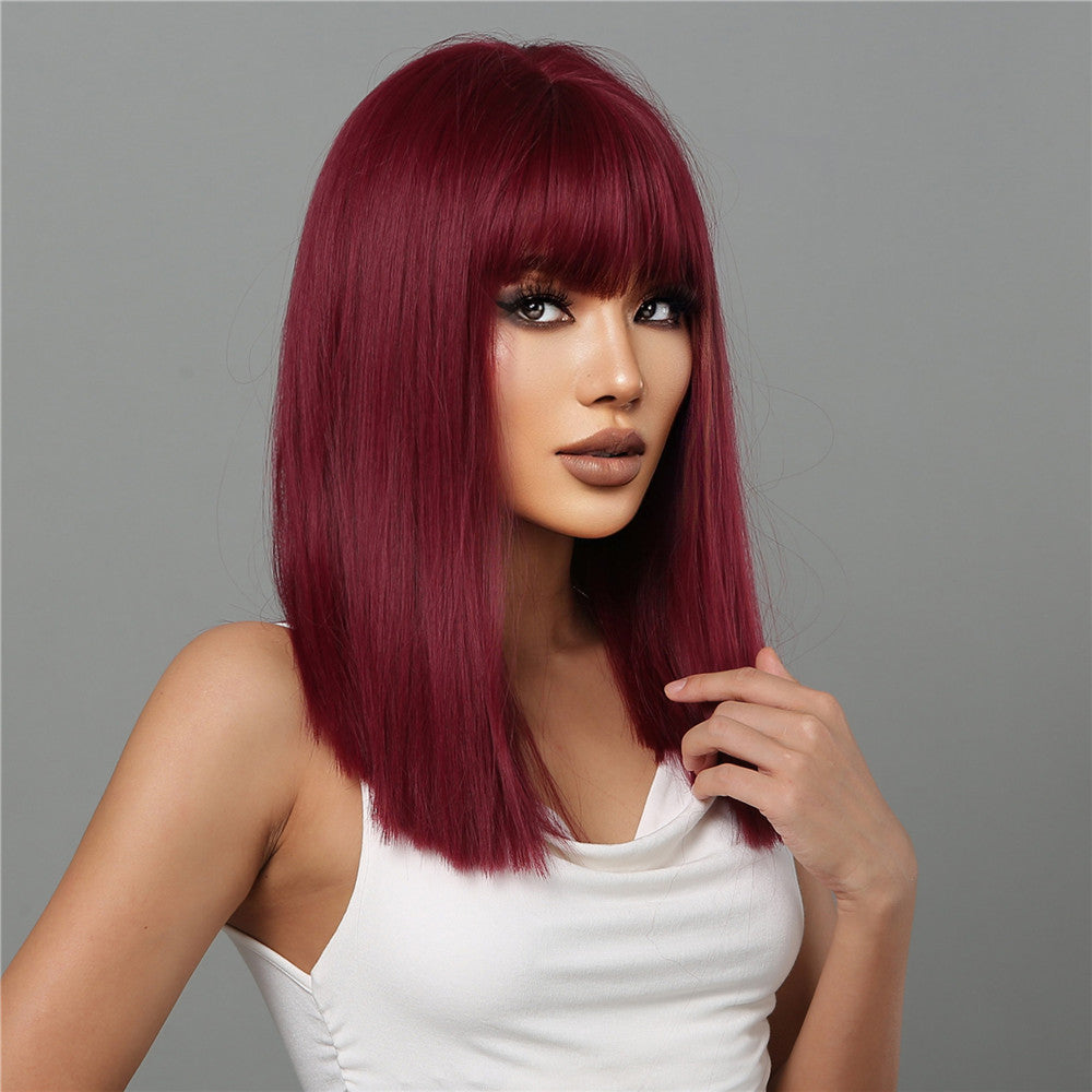 18 Inch Long Straight Wine Red Wigs with Bangs Wigs for Women LC2072-1