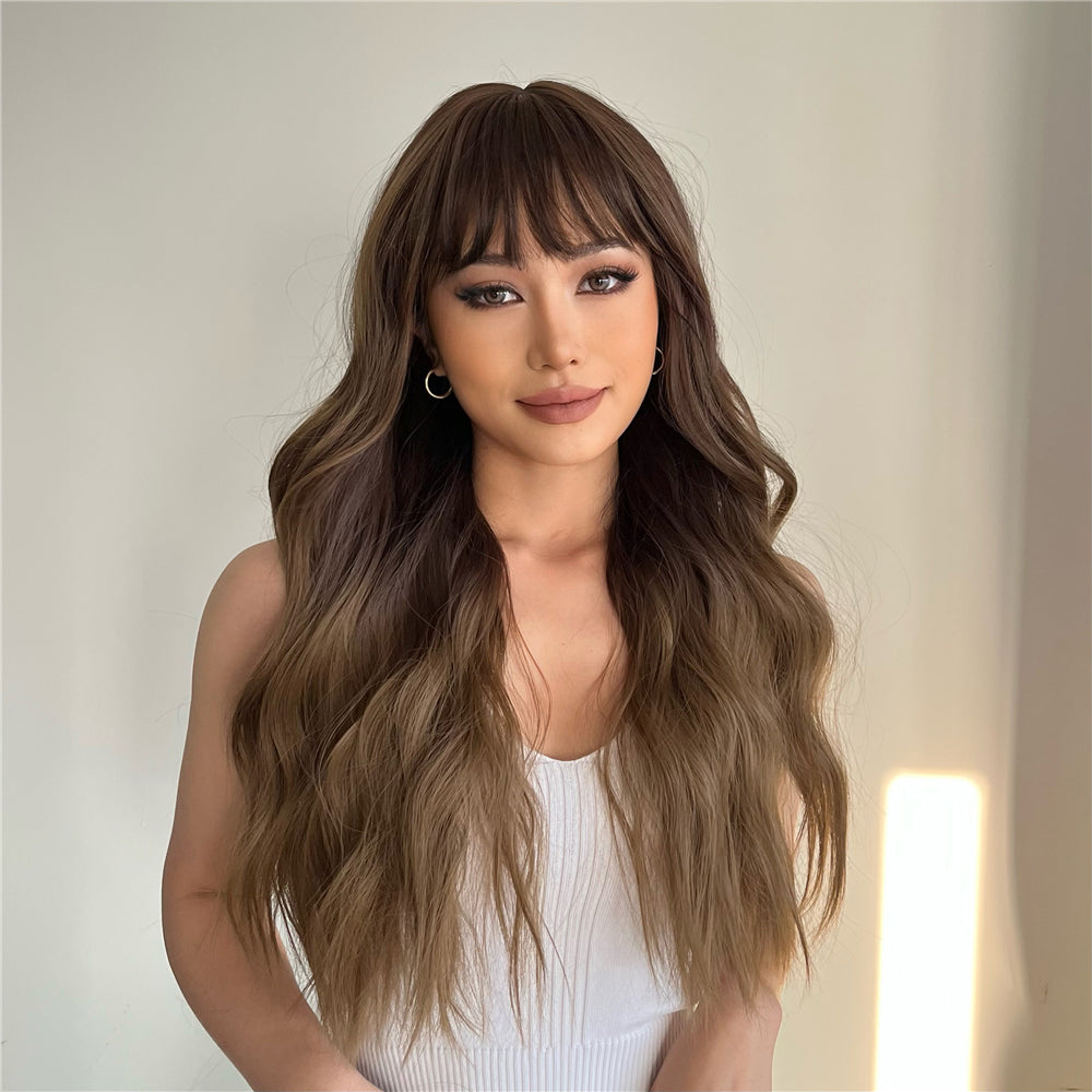 Long curly wigs brown with bangs wigs for women for daily life LC8001