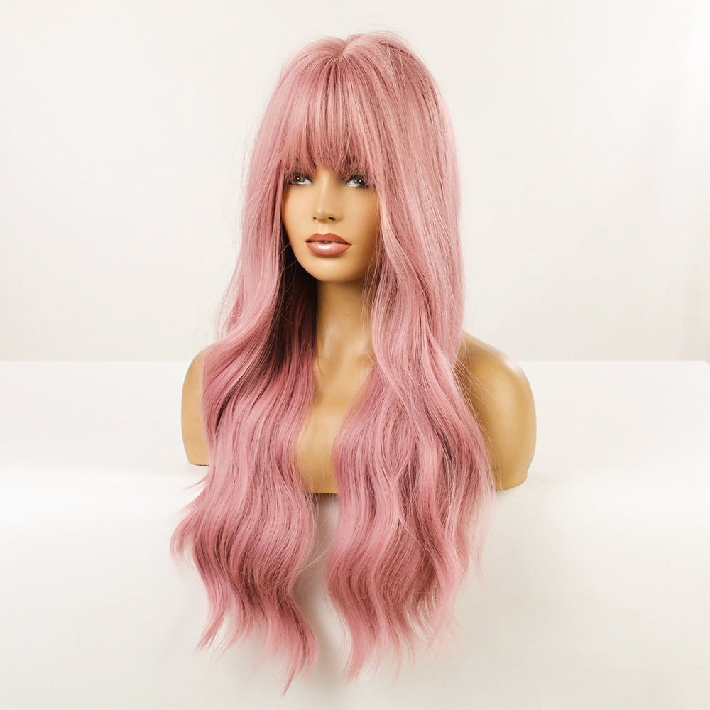 26 Inches Long Curly Pink Wigs with Bangs and Black Roots Synthetic Wigs Women's Wigs for Daily or Cosplay Use LC6124-1