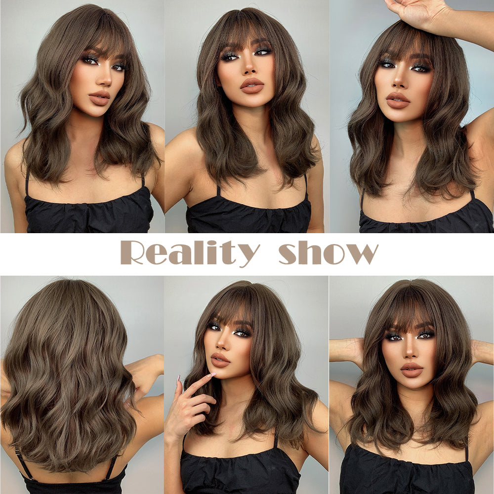 18 Inch Long Wavy Wigs Brown with Bangs Wigs for Women Daily or Cosplay Use lc6034-1