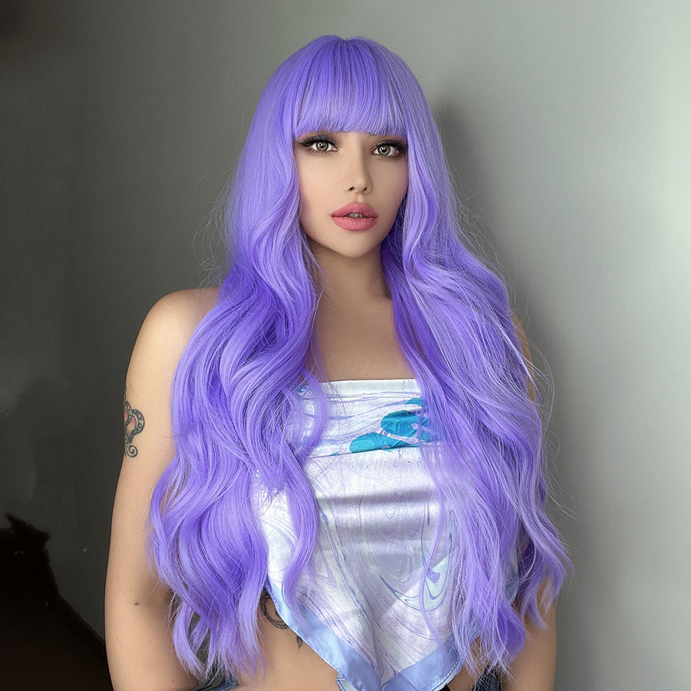 26 Inches Long Curly Purple Wigs with Bangs Synthetic Wigs Women's Wigs for Daily or Cosplay Use LC6123-1