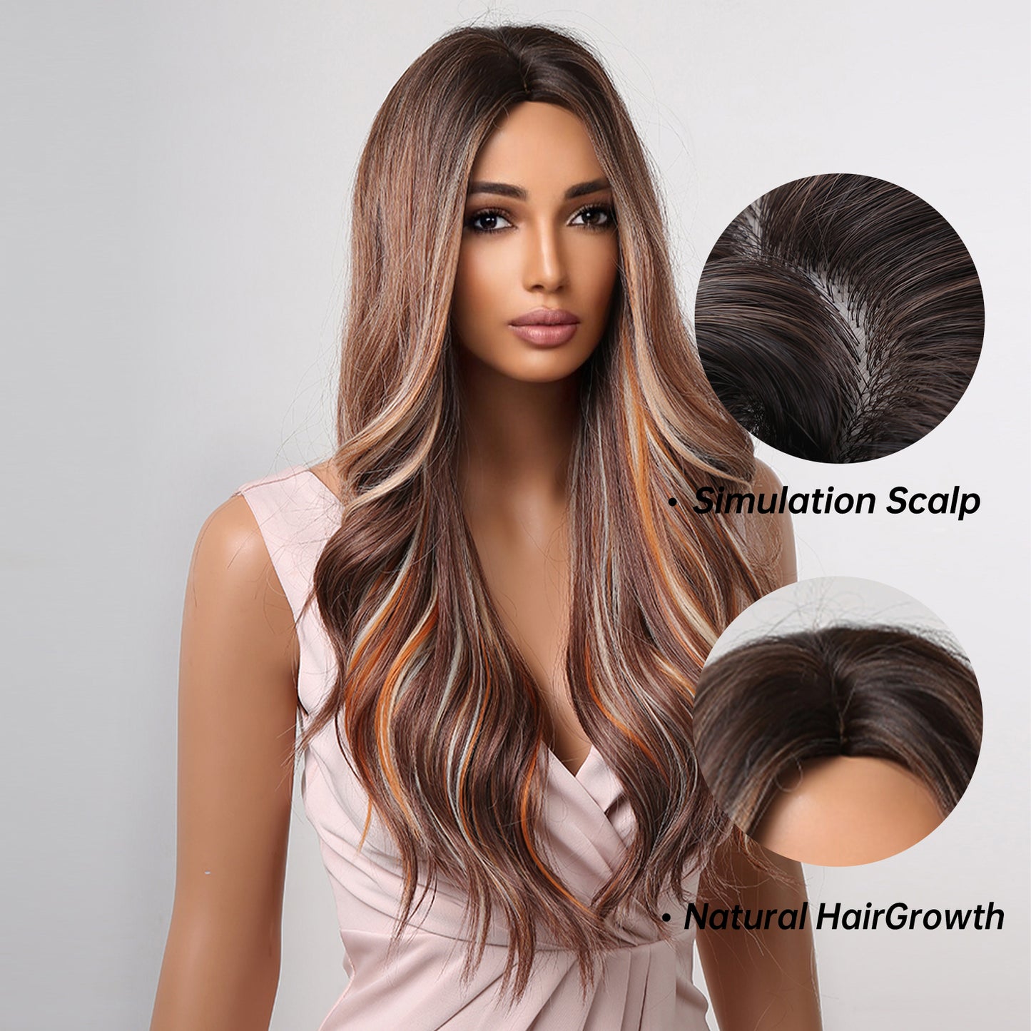 26 Inches Long Curly Brown Wigs wirh Blonde Highlight Women's Wigs for Daily or Cosplay Use LC2018-2